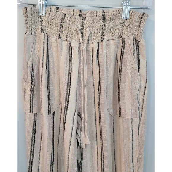 Sincerely Jules Womens M Tan Striped Roll Tab Hem Cuffed Linen Blend Pants Boho - Picture 3 of 15
